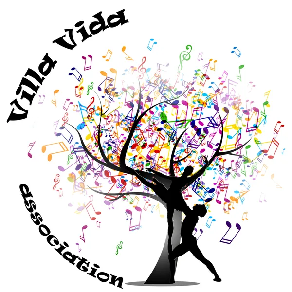 Logo Villa Vida association : un arbre de vie dont le tronc est un couple de danseurs et dont les fruits sont des notes de musique.